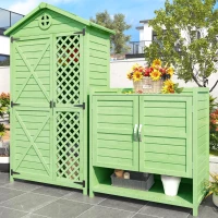 Holz-Gartenschrank Größe groß mit offenem und geschlossenem Regal, Grün(m-2)