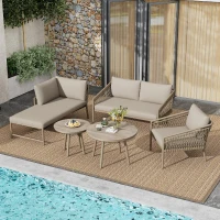 Ensemble de salon de jardin, ensemble de canapé d'extérieur moderne avec corde tissée à la main, incluant coussins de siège et de dossier, Kaki(m-1)