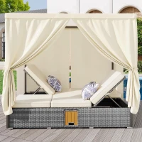 Cama Doble de Jardín con Cortina de Sombra Tumbona de Ratán con Respaldo Ajustable y Mesa Auxiliar Desmontable 187x 128x 186 Cm Beige(m-6)