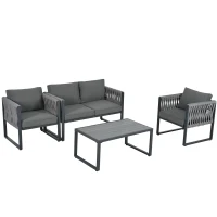 Garten-Loungestuhl-Set, mit Zweiersofa, 2 Einzelsofas und 1 Couchtisch, handgewebtem Seil, Grau(m-5)