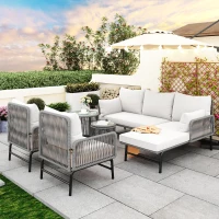 Ensemble de salon de jardin 6 pièces, corde tissée à la main avec cadre en fer, 2 fauteuils, 2 canapés 2 places et 2 tables, Gris(m-4)