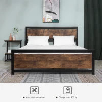 HOMCOM Cadre de lit double en acier avec sommier et tête de lit compatible matelas 200 x 160 cm aspect bois foncé(m-6)