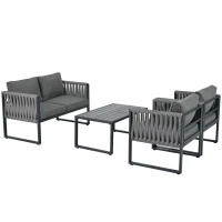 Garten-Loungestuhl-Set, mit Zweiersofa, 2 Einzelsofas und 1 Couchtisch, handgewebtem Seil, Grau(m-13)