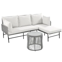 Ensemble de salon de jardin 6 pièces, corde tissée à la main avec cadre en fer, 2 fauteuils, 2 canapés 2 places et 2 tables, Gris(m-13)