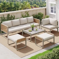 Set da giardino per 6-7 persone con struttura in ferro zincato e rattan, cuscini per seduta e schienale inclusi, 181x181x69 cm, Beige(m-5)