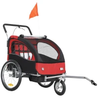HOMCOM 2 Seat Bike Trailer with 5 Point Harness, Baby Bike Stroller with Safety Flag, Reflectors, for 18+ Months, Red(m-10)