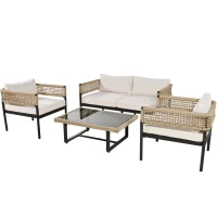 Ensemble de mobilier de jardin 4 pièces avec corde, canapé deux places, 2 fauteuils individuels et table basse, Beige(m-13)