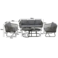 Ensemble de salon de jardin 5 pièces avec corde, pieds réglables, plateau de table en verre lisse, coussins de siège et de dossier inclus, Gris(m-3)