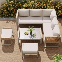 Set da giardino per 6-7 persone con struttura in ferro zincato e rattan, cuscini per seduta e schienale inclusi, 181x181x69 cm, Beige(m-7)