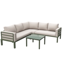 Gartenmöbel-Set, 4-5 Sitzplätze, 1 Couchtisch aus gehärtetem Glas, bequeme Sitzpolster und Kissen, Beige