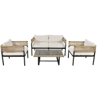 Ensemble de mobilier de jardin 4 pièces avec corde, canapé deux places, 2 fauteuils individuels et table basse, Beige(m-2)