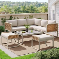 Set da giardino per 6-7 persone con struttura in ferro zincato e rattan, cuscini per seduta e schienale inclusi, 181x181x69 cm, Beige(m-1)