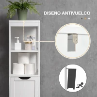 HOMCOM Armario Alto de Baño Estrecho con 3 Cajones y 2 Estantes Abiertos Estilo Moderno 30x30x141,6 cm Blanco(m-6)