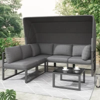 Set di mobili da giardino a 4 pezzi, divano 3 posti con tenda, 2 poltrone singole e tavolino da caffè, 176x178x145 cm, Grigio(m-4)