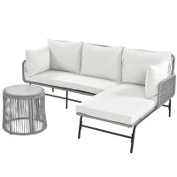Ensemble de salon de jardin 6 pièces, corde tissée à la main avec cadre en fer, 2 fauteuils, 2 canapés 2 places et 2 tables, Gris(m-11)