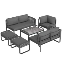 Set de lounge pentru grădină pentru 6-7 persoane, mobilier din ratan cu cadru din fier galvanizat și picioare reglabile, inclusiv perne de șezut și spătar, Gri(m-14)