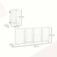 PawHut Bramka Zabezpieczająca dla Psów 4-elementowa, 220 x 91 cm Składana Bramka z Drzwiami, Wolnostojąca, z 2 Podpórkami, Ażurowa, Drewniana, na Korytarz, Kuchnię, Schody, Biała(m-3)