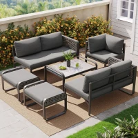 Set de lounge pentru grădină pentru 6-7 persoane, mobilier din ratan cu cadru din fier galvanizat și picioare reglabile, inclusiv perne de șezut și spătar, Gri(m-5)