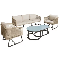 5-teiliges Garten-Lounge-Set mit Seil, verstellbare Füße, glatte Glas-Tischplatte, inklusive Sitz- und Rückenkissen, Beige(m-14)