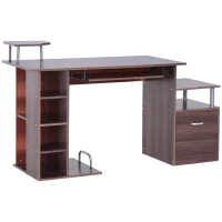 HOMCOM Mesa para Computador 120cm Secretária para Escritório com Múltiplas Prateleiras Gavetas Bandeja de Teclado Suporte para Monitor Impressora e CPU 152x60x88cm Marrom(m-1)