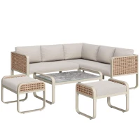 Set da giardino per 6-7 persone con struttura in ferro zincato e rattan, cuscini per seduta e schienale inclusi, 181x181x69 cm, Beige(m-2)
