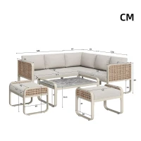 Set da giardino per 6-7 persone con struttura in ferro zincato e rattan, cuscini per seduta e schienale inclusi, 181x181x69 cm, Beige(m-3)
