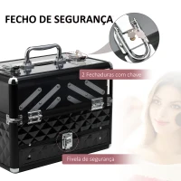 HOMCOM Estojo de Maquilhagem Organizador de Cosméticos Portátil com Múltiplos Níveis Alça e Bandejas 30x18,5x22 cm Preto e Transparente(m-5)