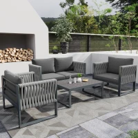 Garten-Loungestuhl-Set, mit Zweiersofa, 2 Einzelsofas und 1 Couchtisch, handgewebtem Seil, Grau(m-2)