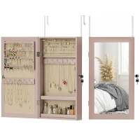 HOMCOM Espejo Joyero de Pared con Cerradura y Varios Compartimentos Montar en Pared o Puerta Rosa y Forro Beige(m-11)