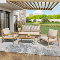 Ensemble de canapé d'extérieur en bois, ensemble de meubles de jardin pour 4-5 personnes avec 2 canapés individuels, 1 canapé double, 1 table, Couleur naturelle(m-1)