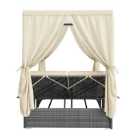 Cama Doble de Jardín con Cortina de Sombra Tumbona de Ratán con Respaldo Ajustable y Mesa Auxiliar Desmontable 187x 128x 186 Cm Beige(m-13)