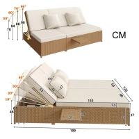 Lit double de jardin extérieur, chaise longue en rotin avec dossier réglable et coussins amovibles, 199x120x37 cm, Blanc(m-3)