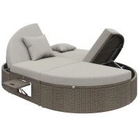 Rattan Doppel-Liege für 2 Personen, Outdoor Tagesbett mit verstellbarer Rückenlehne und seitlichem Regal, 199,9 x 140,5 x 41,9 cm, Grau(m-11)