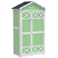 Gartenschrank 93x45x179 cm, Metallischer Design mit stabilen X-Verstärkungen für Garten Geräteschuppen, Outdoor Schuppen, Grün(m-10)