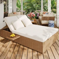 Lit double de jardin extérieur, chaise longue en rotin avec dossier réglable et coussins amovibles, 199x120x37 cm, Blanc(m-1)