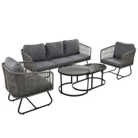 Ensemble de salon de jardin 5 pièces avec corde, pieds réglables, plateau de table en verre lisse, coussins de siège et de dossier inclus, Gris(m-2)