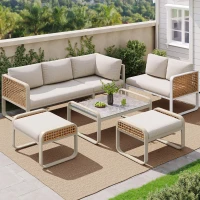 Set da giardino per 6-7 persone con struttura in ferro zincato e rattan, cuscini per seduta e schienale inclusi, 181x181x69 cm, Beige(m-4)
