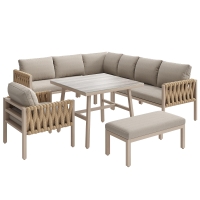 Juego de Muebles de Jardín con Sofá Esquinero y Tablero de Mesa de Vidrio Templado Incluye Cojines de Asiento y Respaldo Beige