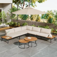 Garten Loungesessel Set für 5-6 Personen, 2 Zweisitzer-Sofas, 2 Einzelsessel, 2 Tische, Beige(m-6)