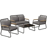 Set de lounge pentru grădină pentru 4 persoane, cu canapea dublă, 2 canapele individuale și 1 măsuță de cafea, Negru(m-15)