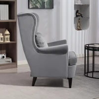 HOMCOM Modern Accent Chair, Upholstered Wingback Armchair with High Backrest and Pillow, Velvet-Feel Fabric Reading Chair with Solid Wood Legs for Living Room, Bedroom, Home Office, Dark Grey(m-7)