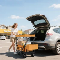 Outsunny 120L Festival Trolley on Wheels, Folding Camping Trolley Cart with Removable Canopy, All-Terrain Wheels, Adjustable Handle, Push or Pull for Garden Beach Fishing Shopping, Orange(m-8)