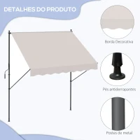 Outsunny Toldo Manual Retrátil Ajustável 200x170x200-290 cm com Manivela Proteção Solar UV40+ para Varanda Jardim Creme(m-7)