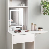 HOMCOM Small Vanity Desk with Mirror and LED Lights, Compact Dressing Table with Drop Leaf, Open Shelves and Drawer, White(m-9)