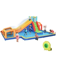 Outsunny Castello Gonfiabile per Bambini 3-8 Anni con Scivolo, Parete, Porta e Canestro, in Tessuto Oxford, 590x460x220 cm(m-1)