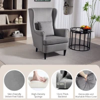 HOMCOM Modern Accent Chair, Upholstered Wingback Armchair with High Backrest and Pillow, Velvet-Feel Fabric Reading Chair with Solid Wood Legs for Living Room, Bedroom, Home Office, Dark Grey(m-4)