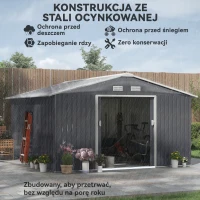 Outsunny Szopa Ogrodowa, Wodoodporny Domek na Narzędzia Ogrodowe, z Oknami Wentylacyjnymi, Drzwiami Przesuwnymi, Stal, Węgielny Szary(m-4)