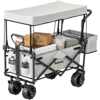 Outsunny Folding Trolley Cart Storage Wagon Beach Trailer 4 Wheels with Handle Overhead Canopy Cart Push Pull for Camping, Grey(m-11)