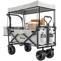 Outsunny Folding Trolley Cart Storage Wagon Beach Trailer 4 Wheels with Handle Overhead Canopy Cart Push Pull for Camping, Grey(m-10)