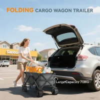 Outsunny Outdoor Pull Along Cart Folding Cargo Wagon Trailer Trolley for Beach Garden with Handle, Anti-Slip Wheel - Dark Grey(m-7)